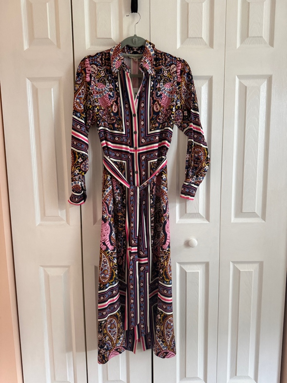 Boden Paisley & Stripe Long Sleeve Maxi Shirt Dress in Pink and Black